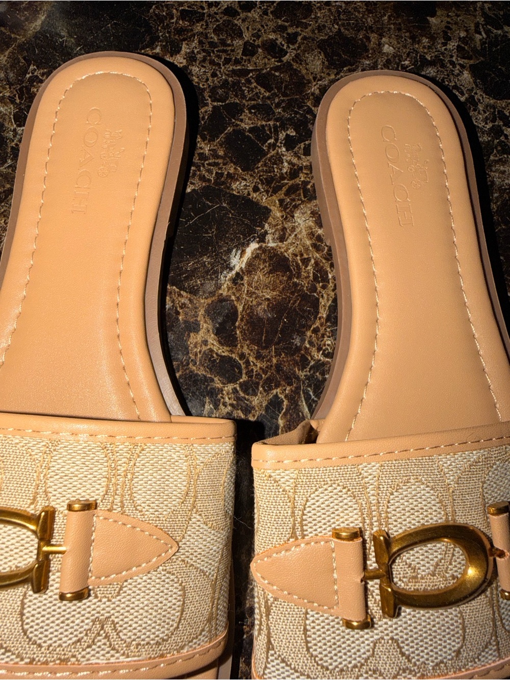 Coach Tan Signature Jacquard Slide Sandals with Gold Hardware - Picture 4 of 11